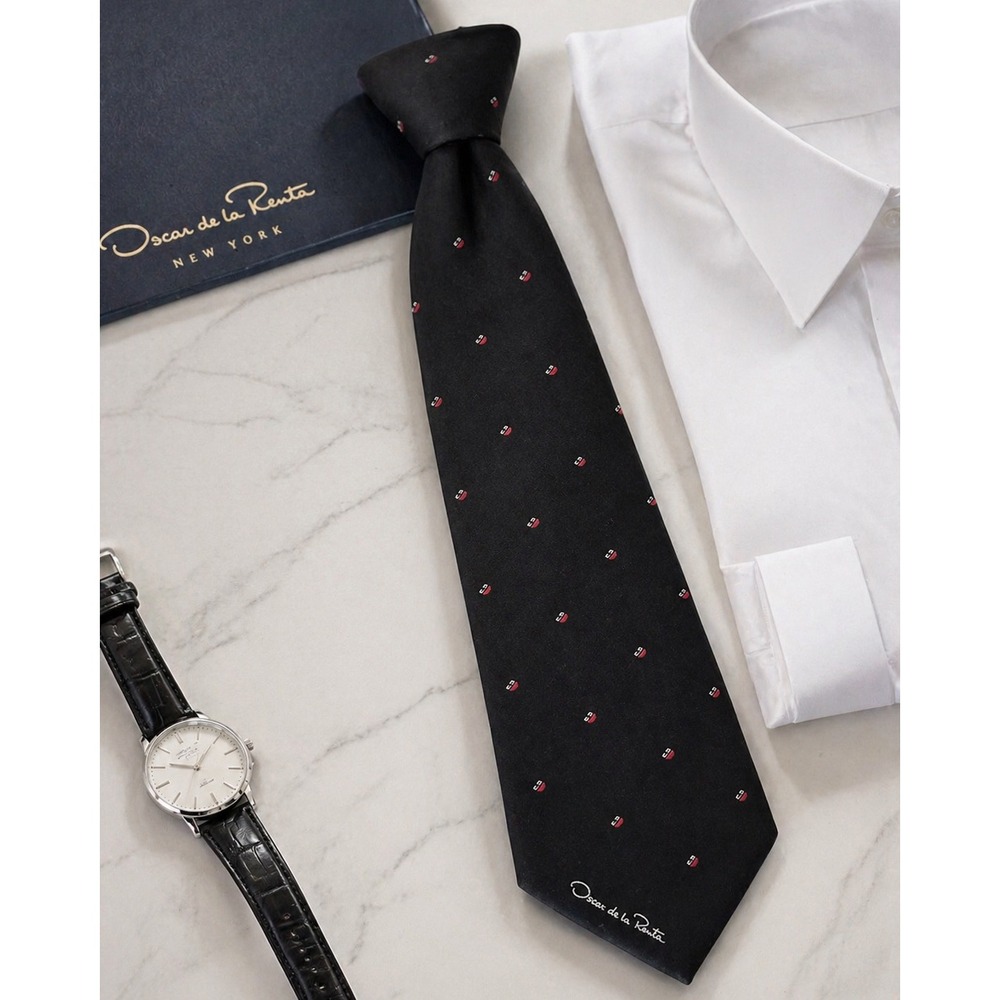 Oscar de la Renta Mens Silk Necktie Black Red Geometric Micro Print Logo Tie